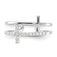 Sterling Silver E-coated CZ Cross Open Back Ring - 3