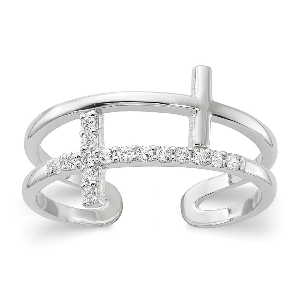 Sterling Silver E-coated CZ Cross Open Back Ring - 3
