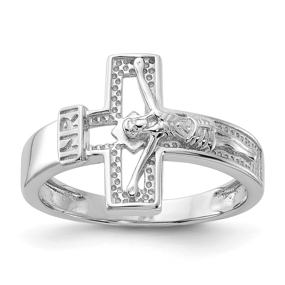 Sterling Silver Rhodium-plated INRI Crucifix Ring - 3