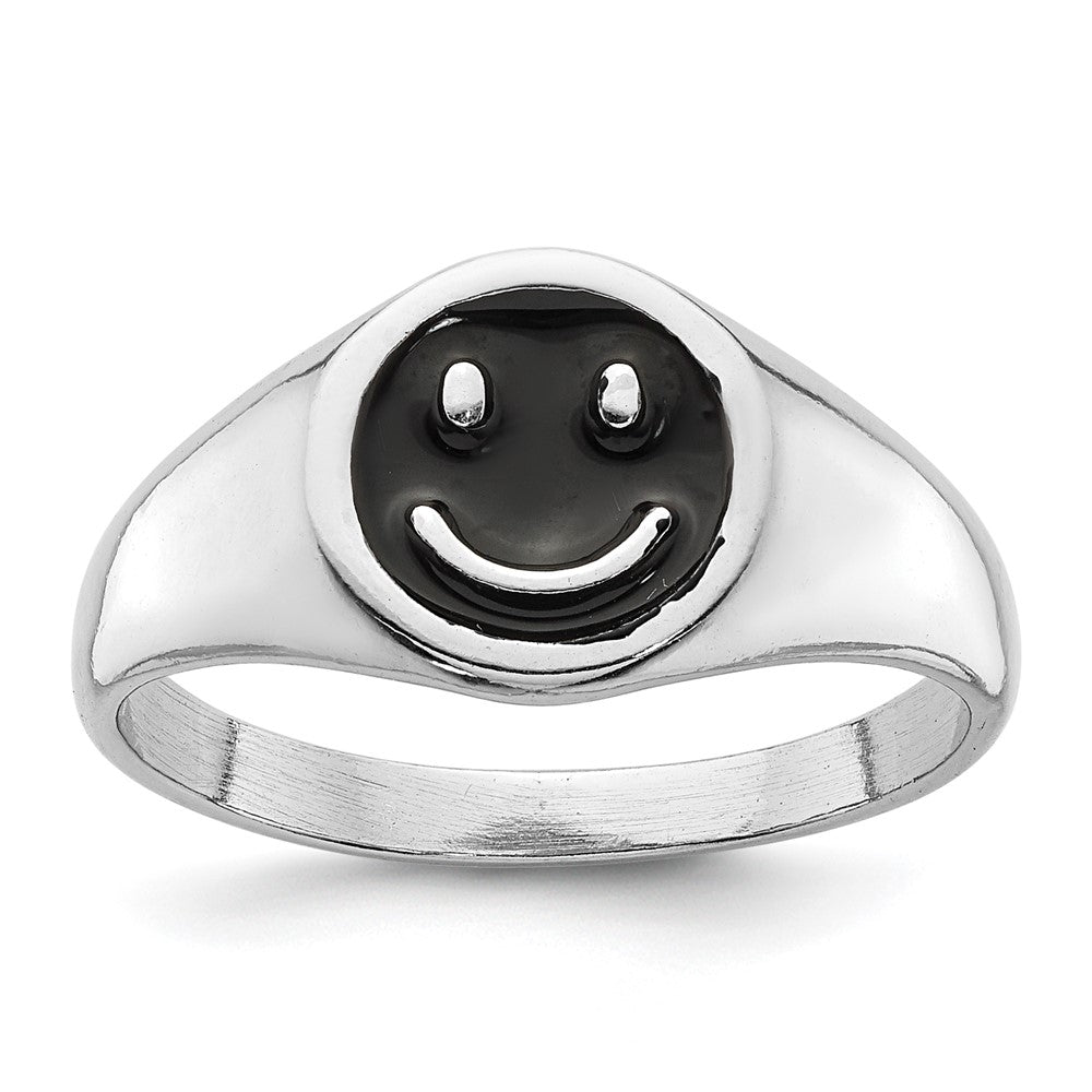 Sterling Silver Rhodium-plated Black Enamel Smiley Face Ring - 2
