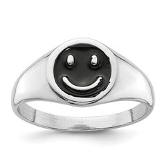 Sterling Silver Rhodium-plated Black Enamel Smiley Face Ring - 3