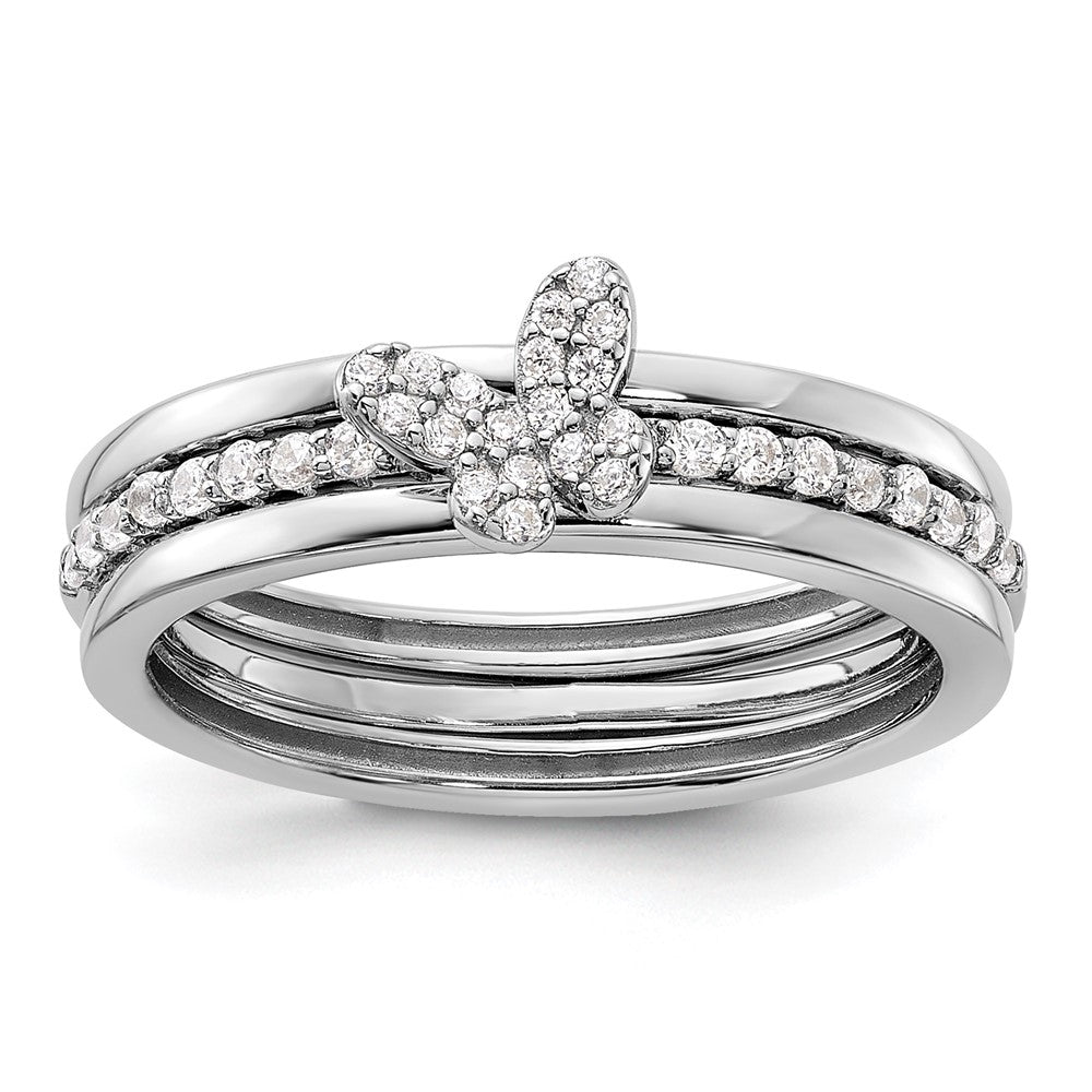 Sterling Silver RH-plated CZ Butterfly Ring with Two Plain Bands 3 Ring Set - 3