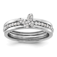 Sterling Silver RH-plated CZ Butterfly Ring with Two Plain Bands 3 Ring Set - 3