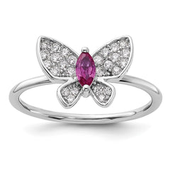 Sterling Silver Rhodium-plated Red and White CZ Butterfly Ring - 2