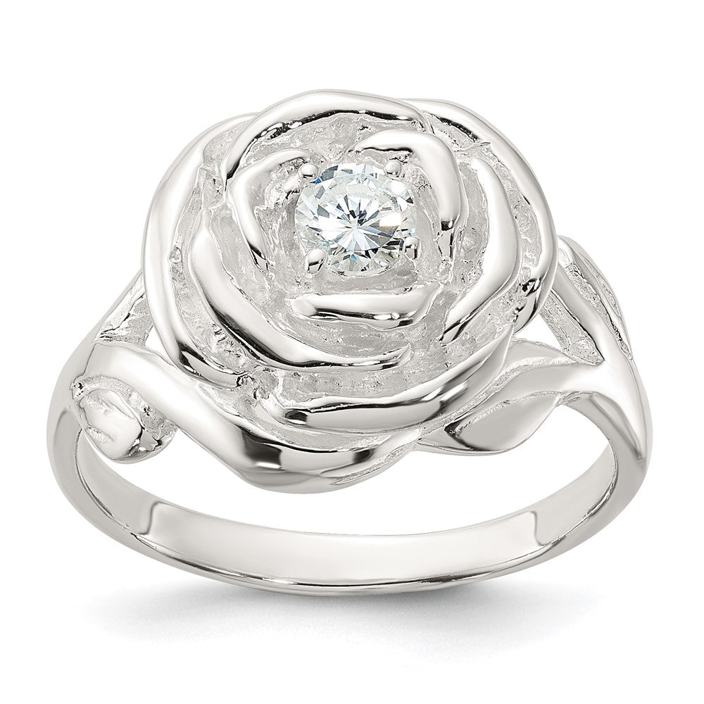 Sterling Silver Polished CZ Flower Rose Ring - 2