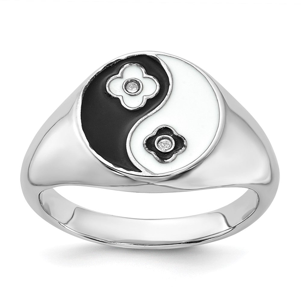 Sterling Silver Rhodium-plated Enameled Yin Yang CZ Ring - 2