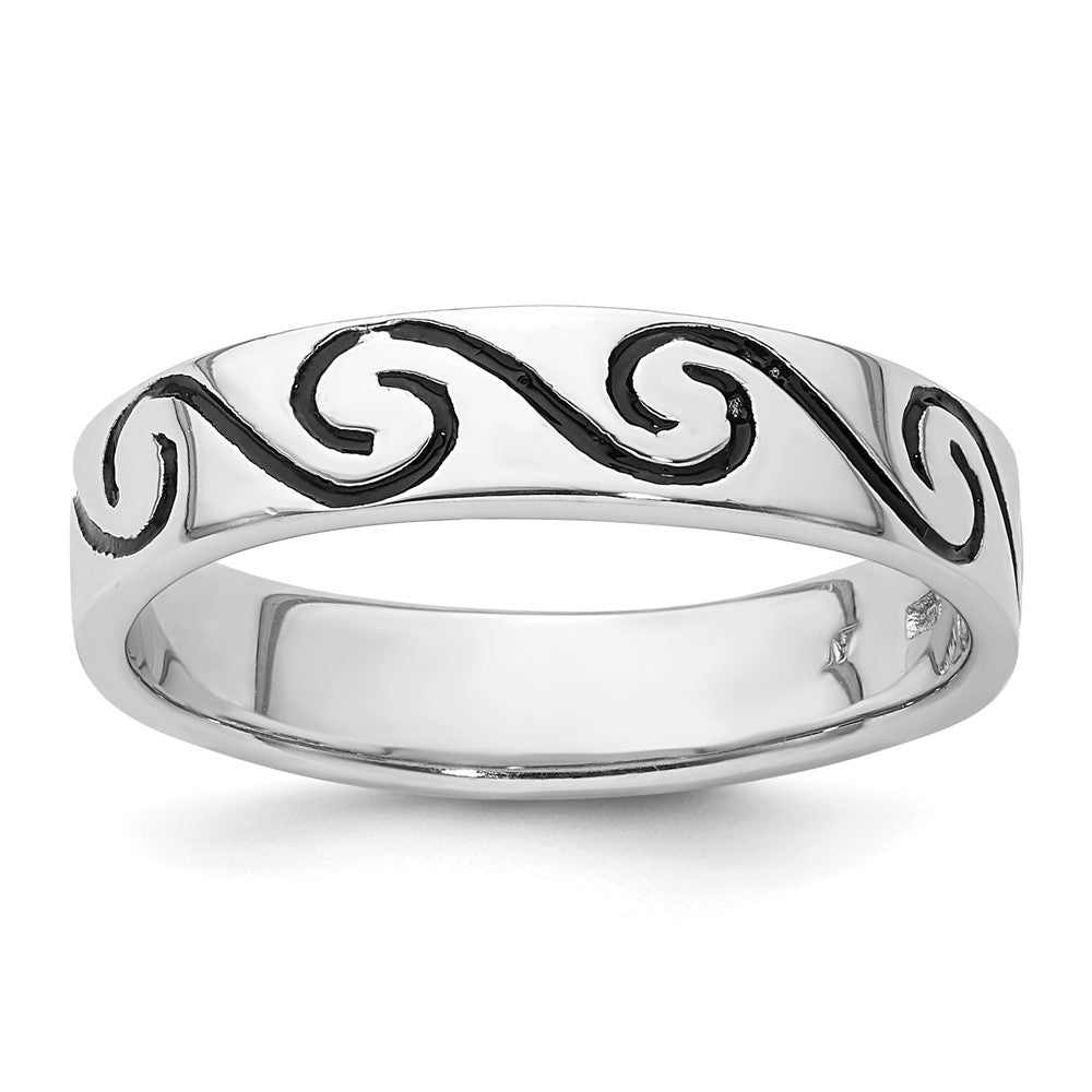 Sterling Silver Rhodium-plated Antiqued Wave Design 4.5mm Band Ring - 3
