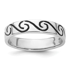 Sterling Silver Rhodium-plated Antiqued Wave Design 4.5mm Band Ring - 3
