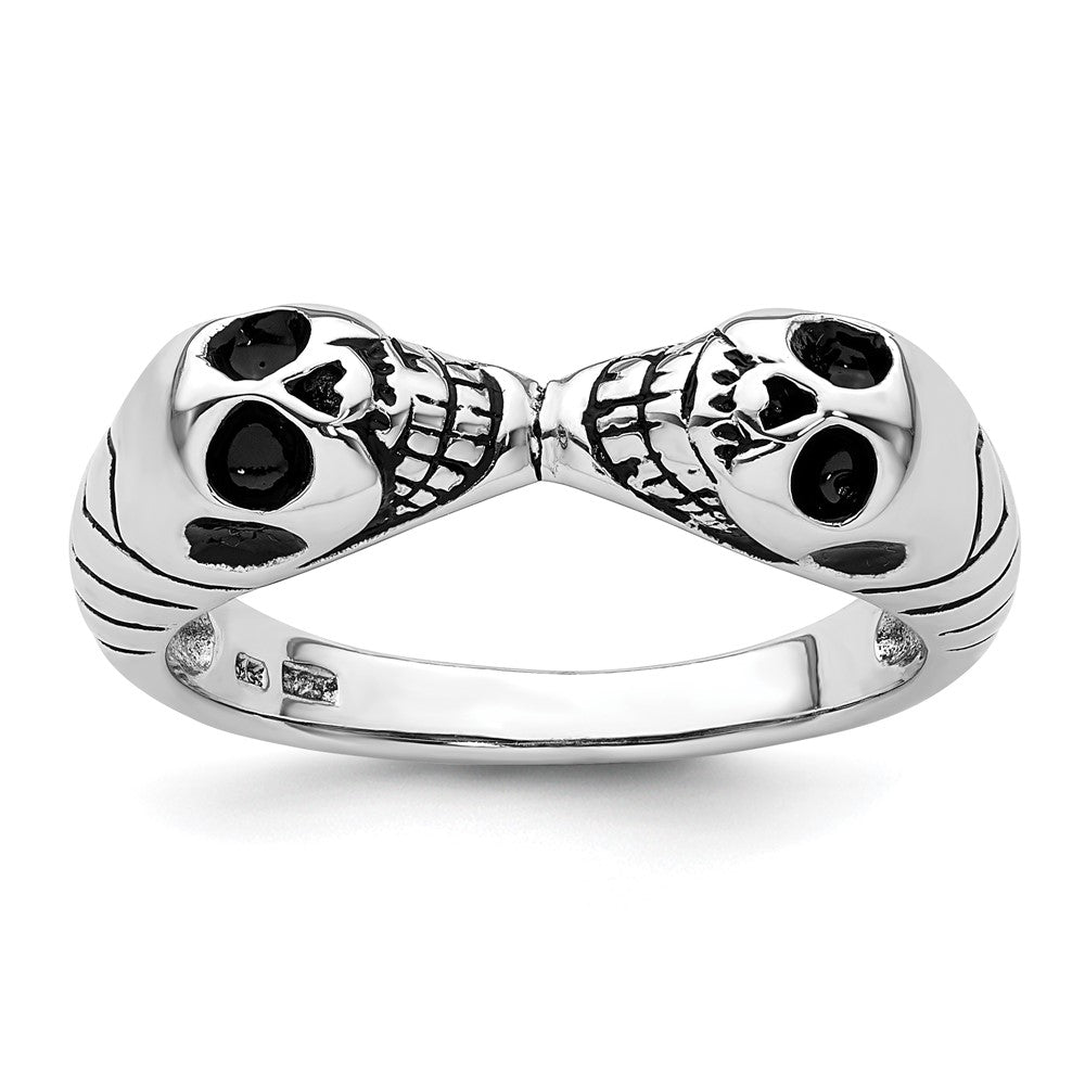 Sterling Silver Rhodium-plated Antiqued Double Skull Ring - 3
