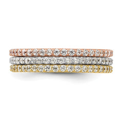 Sterling Silver Rhodium-plated Gold and Rose-tone CZ 3 Eternity Band Set - 2