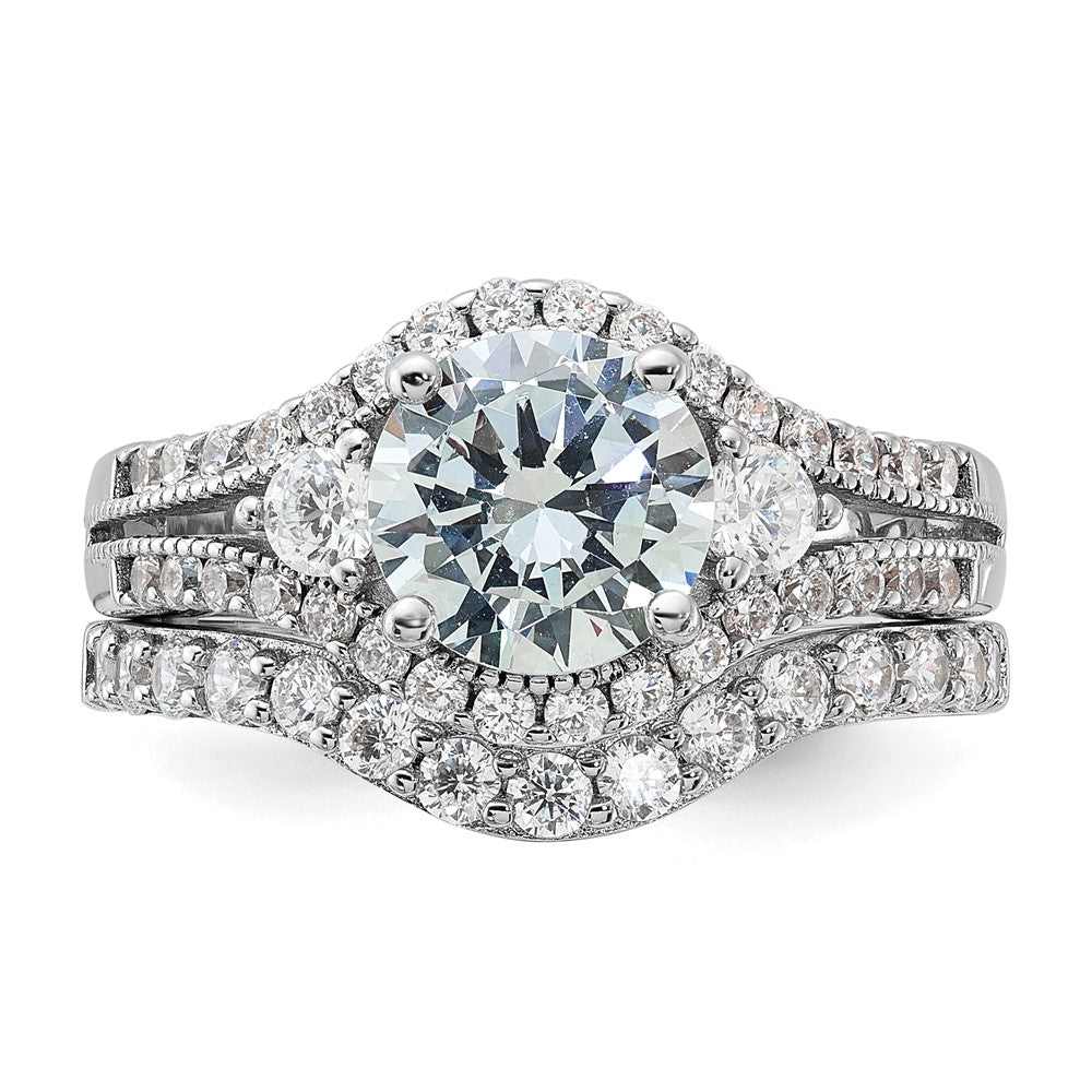 Sterling Silver Rhodium-plated CZ Engagement Ring and Band Set - 6