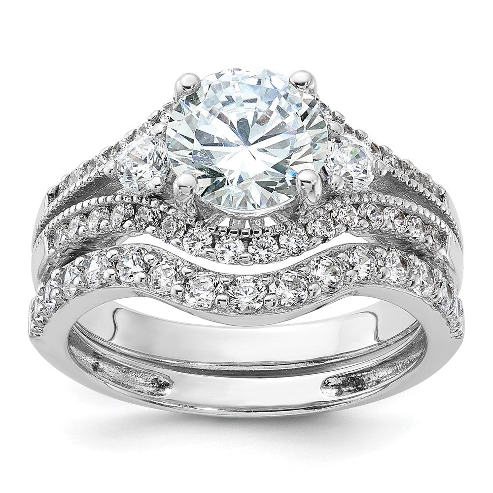 Sterling Silver Rhodium-plated CZ Engagement Ring and Band Set - 6