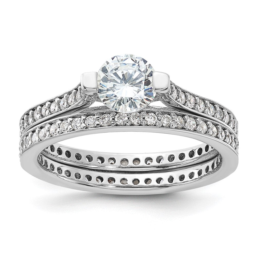 Sterling Silver Rhodium-plated CZ Eternity Engagement Ring and Band Set - 2