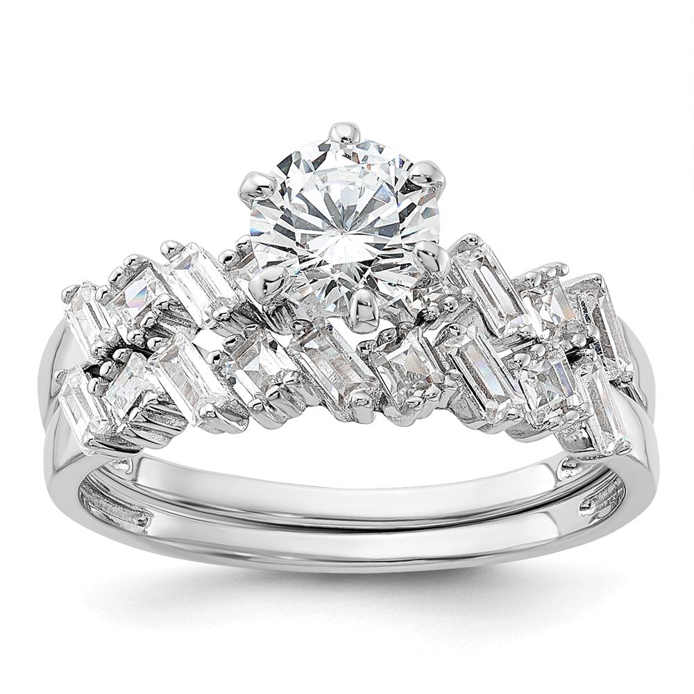 Sterling Silver Rhodium-plated 6-Prong CZ Engagement Ring and Band Set - 2