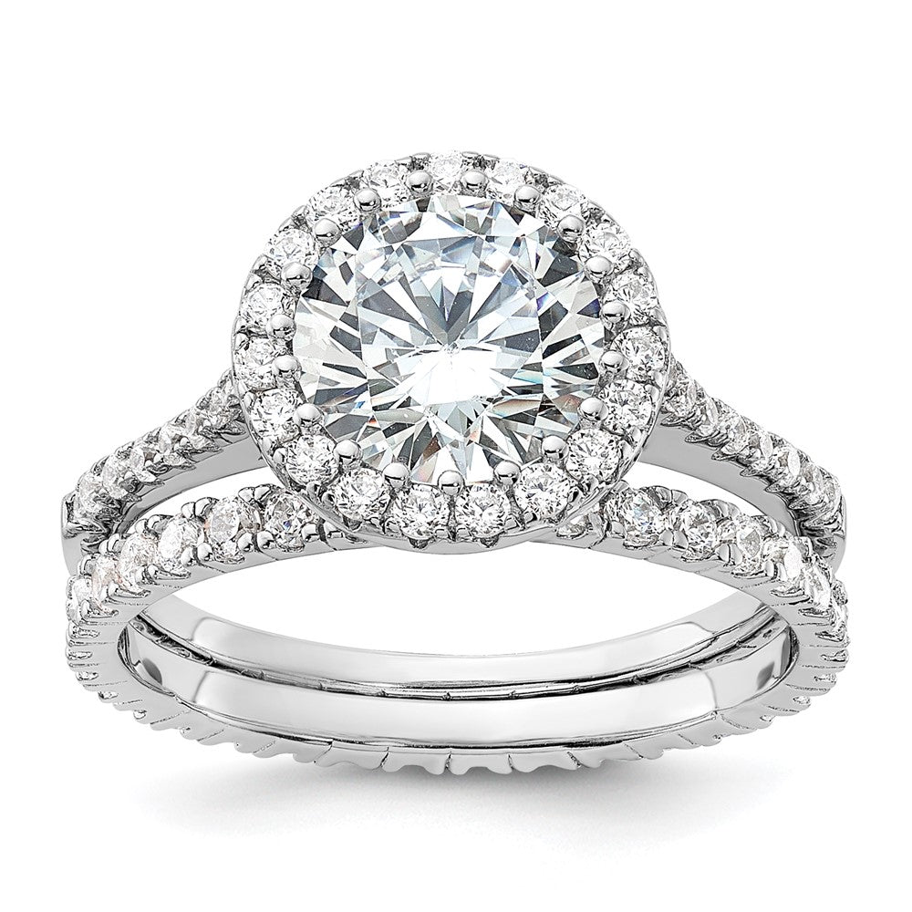 Sterling Silver RH-plated CZ Halo Engagement Ring and Eternity Band Set - 2