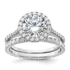 Sterling Silver RH-plated CZ Halo Engagement Ring and Eternity Band Set - 2