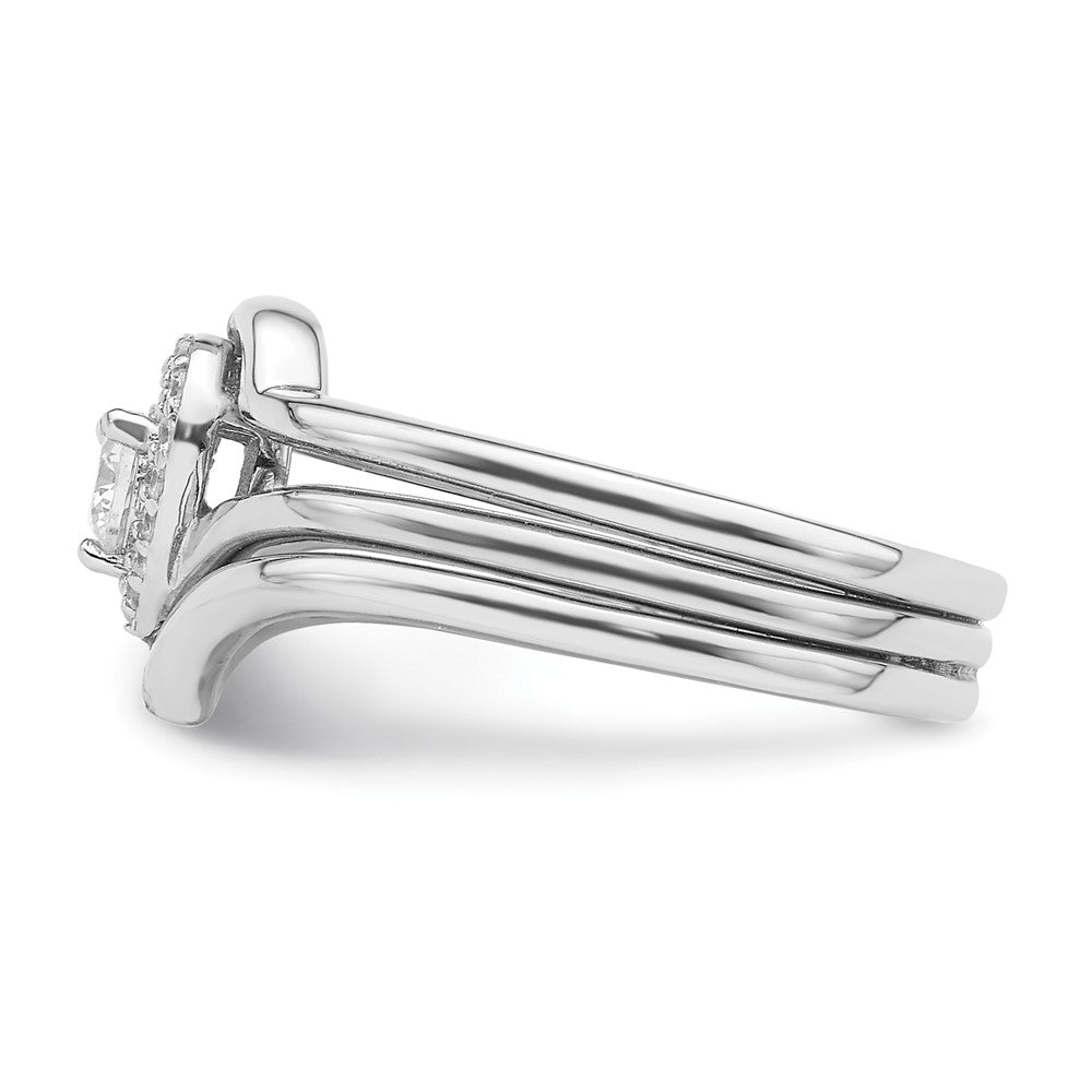 Sterling Silver Rhodium-plated CZ Heart and Bands Three Ring Set - 3