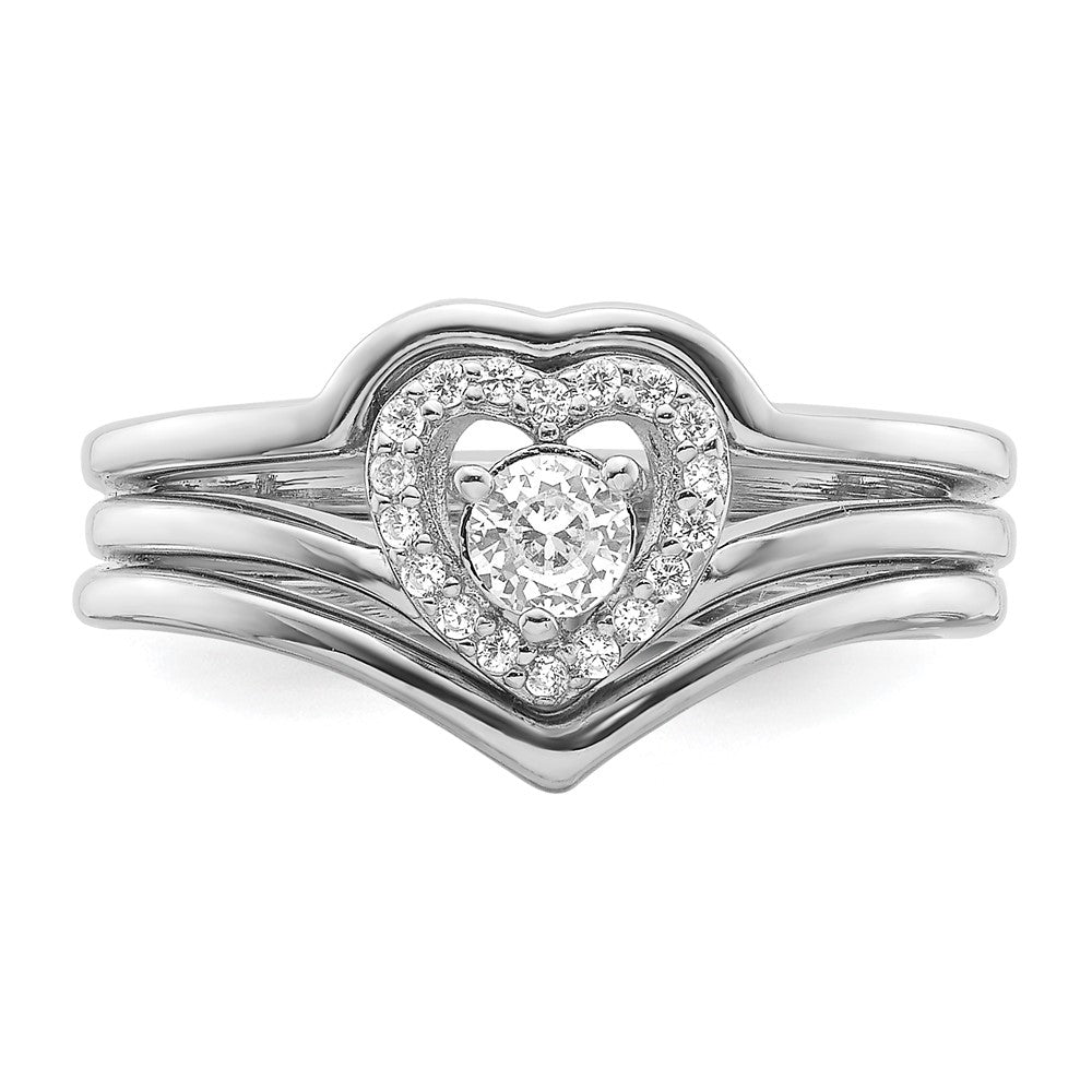 Sterling Silver Rhodium-plated CZ Heart and Bands Three Ring Set - 3