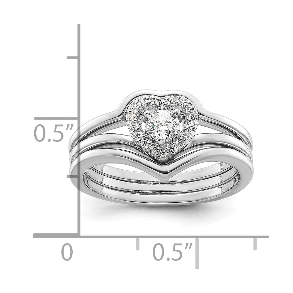 Sterling Silver Rhodium-plated CZ Heart and Bands Three Ring Set - 3