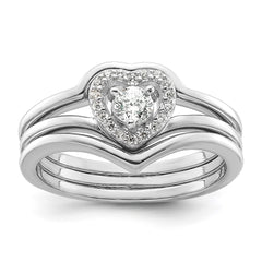 Sterling Silver Rhodium-plated CZ Heart and Bands Three Ring Set - 3