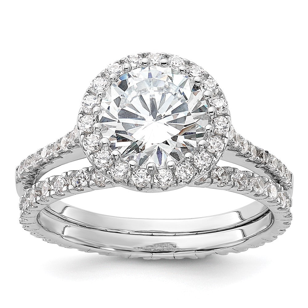 Sterling Silver Rh-plt 11mm CZ Halo Engagement/Eternity Band 2 Ring Set - 2