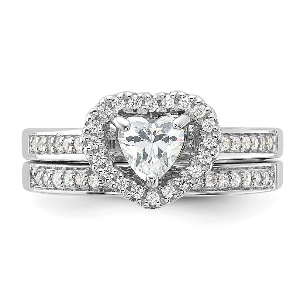 Sterling Silver Rhodium-plated CZ Heart and Band 2 Ring Set - 3