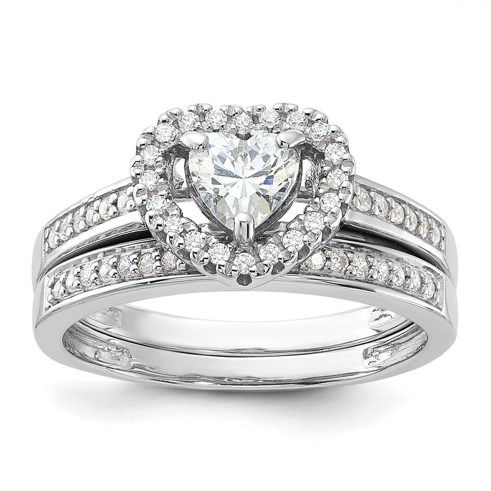 Sterling Silver Rhodium-plated CZ Heart and Band 2 Ring Set - 3