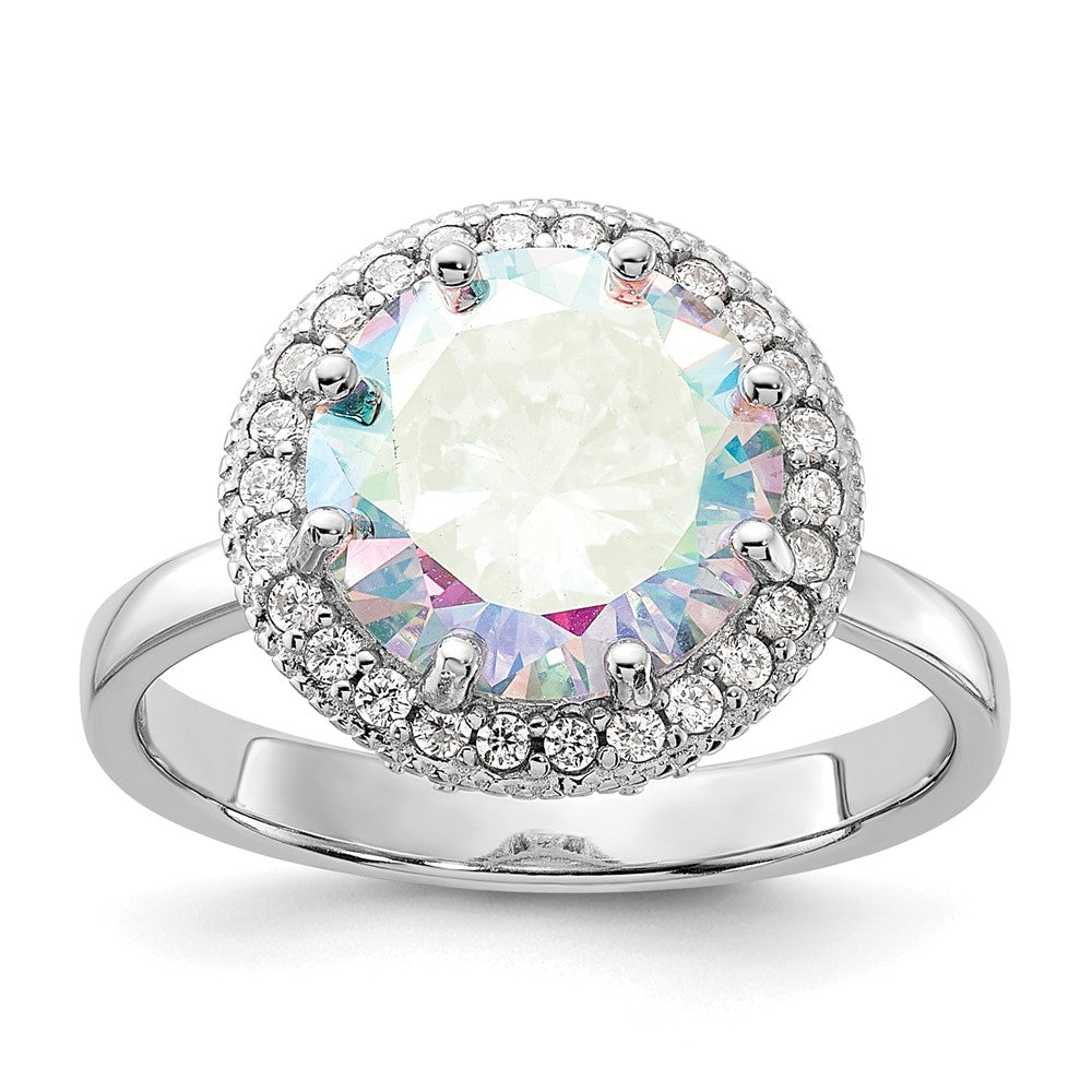 Sterling Silver Rhodium-plated Clear and Iridescent CZ Rnd Halo Ring - 3