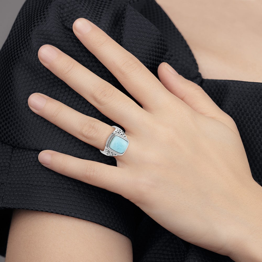Sterling Silver Rhodium-plated Oxidized with Rectangular Larimar Ring - 2