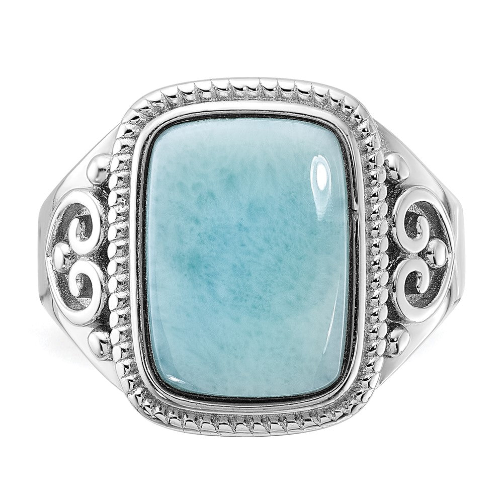 Sterling Silver Rhodium-plated Oxidized with Rectangular Larimar Ring - 2