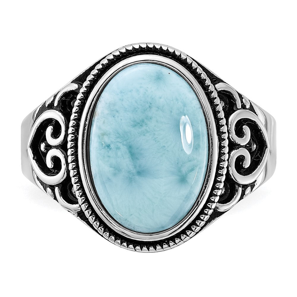 Sterling Silver Rhodium-plated Oxidized with Larimar Ring - 3
