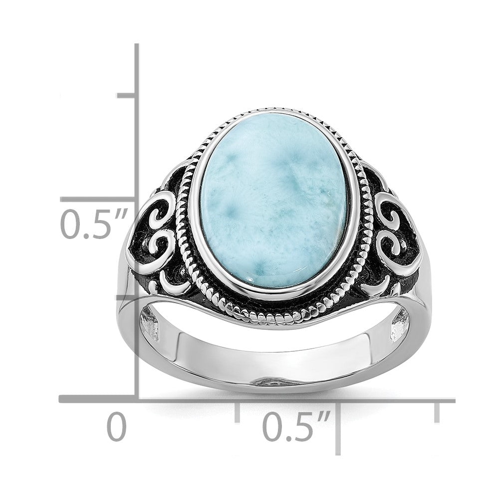 Sterling Silver Rhodium-plated Oxidized with Larimar Ring - 3