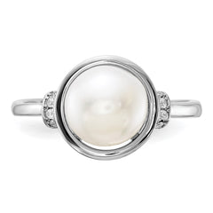Sterling Silver Rhodium-plated 8-9mm White Button Freshwater Cultured Pearl and CZ Circle Ring - 3