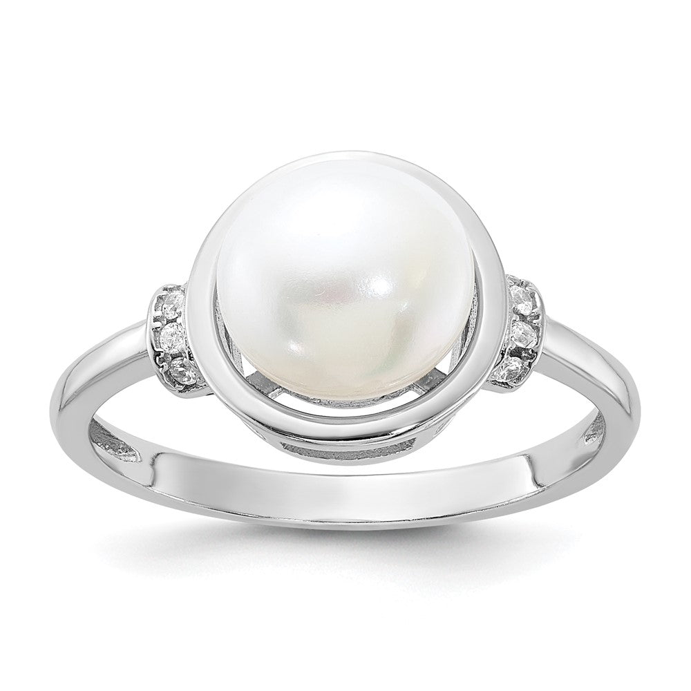 Sterling Silver Rhodium-plated 8-9mm White Button Freshwater Cultured Pearl and CZ Circle Ring - 3