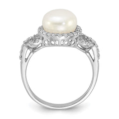 Sterling Silver Rhodium-plated 9-10mm White Button Freshwater Cultured Pearl and CZ Ring - 3