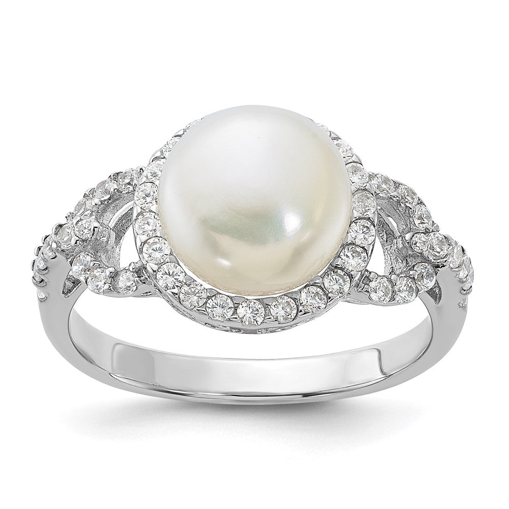 Sterling Silver Rhodium-plated 9-10mm White Button Freshwater Cultured Pearl and CZ Ring - 3