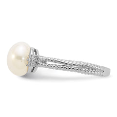Sterling Silver Rhodium-plated 8-9mm White Button Freshwater Cultured Pearl and CZ Ring - 6