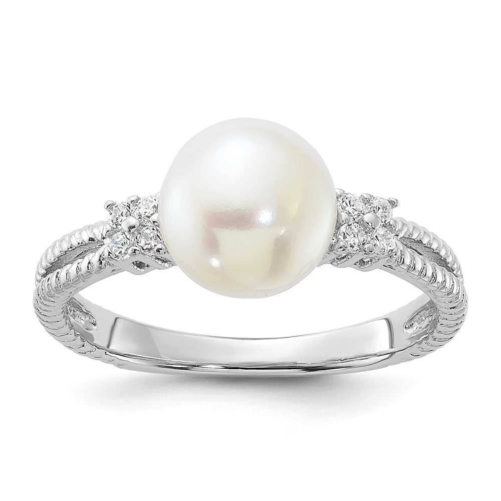 Sterling Silver Rhodium-plated 8-9mm White Button Freshwater Cultured Pearl and CZ Ring - 6
