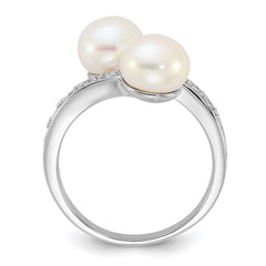 Sterling Silver Rhodium-plated 8-9mm White Button Freshwater Cultured Pearl and CZ Bypass Ring - 2
