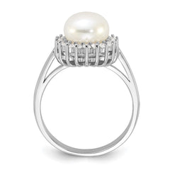 Sterling Silver Rhodium-plated 8-9mm White Freshwater Cultured Pearl and CZ Ring - 6