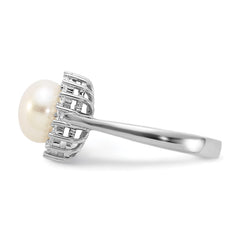 Sterling Silver Rhodium-plated 8-9mm White Freshwater Cultured Pearl and CZ Ring - 5
