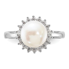 Sterling Silver Rhodium-plated 8-9mm White Freshwater Cultured Pearl and CZ Ring - 6