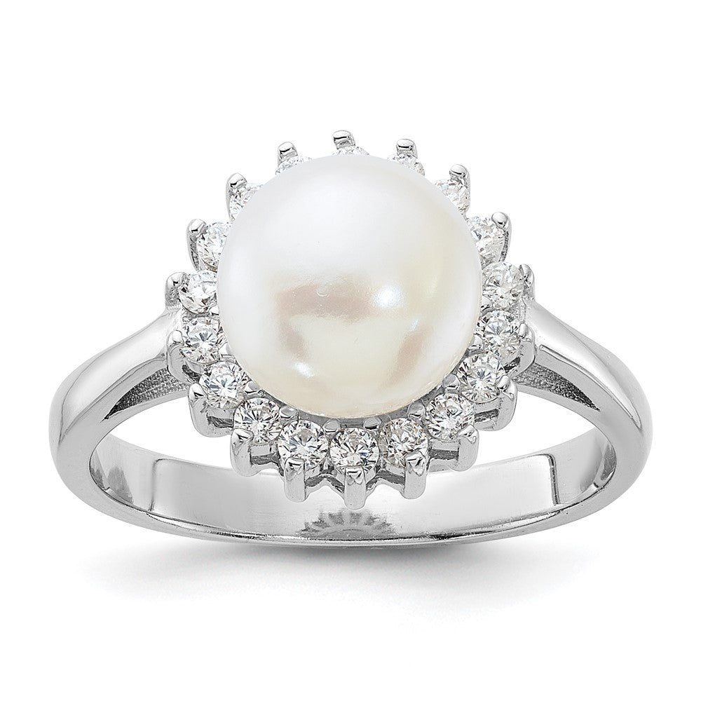 Sterling Silver Rhodium-plated 8-9mm White Freshwater Cultured Pearl and CZ Ring - 6