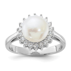 Sterling Silver Rhodium-plated 8-9mm White Freshwater Cultured Pearl and CZ Ring - 5