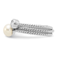 Sterling Silver Rhodium-plated 6-7mm White Freshwater Cultured Pearl and CZ 3 Ring Set - 3