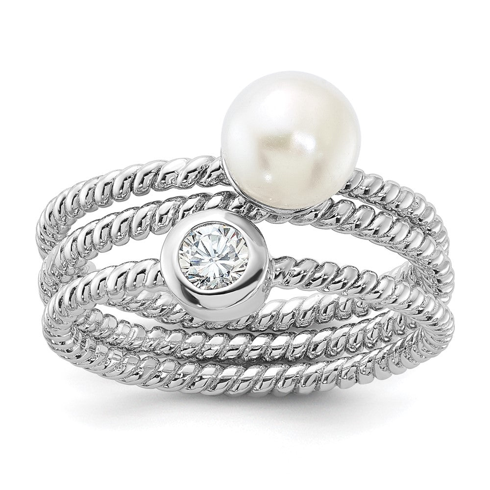 Sterling Silver Rhodium-plated 6-7mm White Freshwater Cultured Pearl and CZ 3 Ring Set - 3
