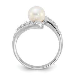 Sterling Silver Rhodium-plated 6-7mm White Freshwater Cultured Pearl and CZ Bypass Ring - 3