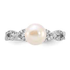 Sterling Silver Rhodium-plated 7-8mm White Freshwater Cultured Pearl and CZ Infinity Ring - 3