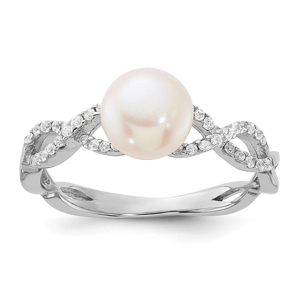 Sterling Silver Rhodium-plated 7-8mm White Freshwater Cultured Pearl and CZ Infinity Ring - 3