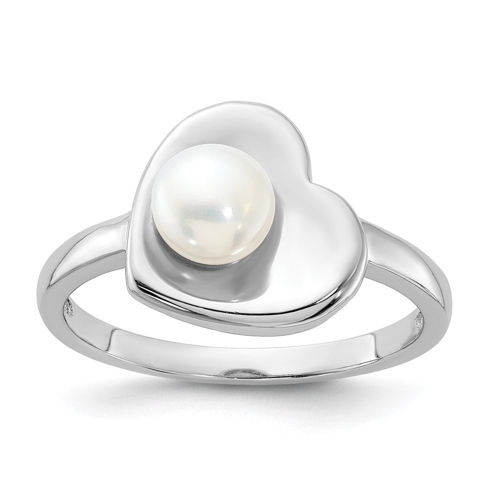 Sterling Silver Rhodium-plated 5-6mm White Freshwater Cultured Pearl Heart Ring - 2